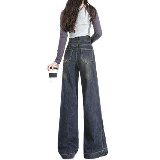 High Street Slimming Simple Double Button Straight Jeans Women's Loose Floor-Length Jeans Trendy