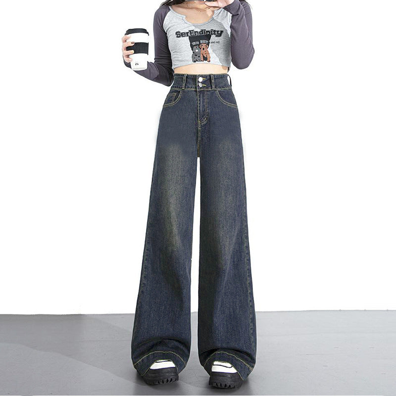 High Street Slimming Simple Double Button Straight Jeans Women's Loose Floor-Length Jeans Trendy