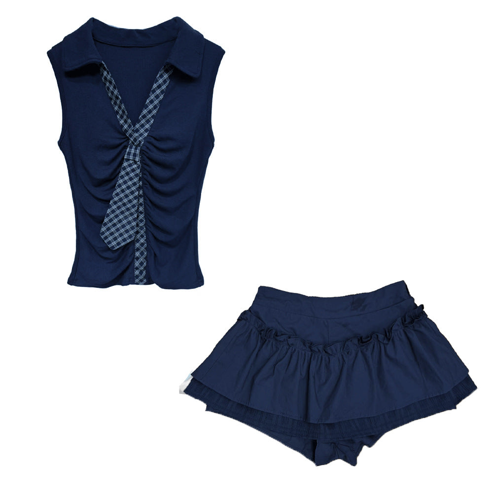 Plaid Collar Tie V-neck Vest + Unique Personalized Pleated Skirt Women
