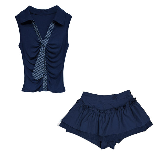 Plaid Collar Tie V-neck Vest + Unique Personalized Pleated Skirt Women