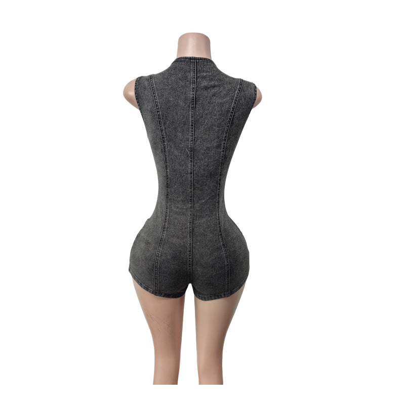 Backless Denim Shorts - Slim Fit Elastic Waist Short Jumpsuit