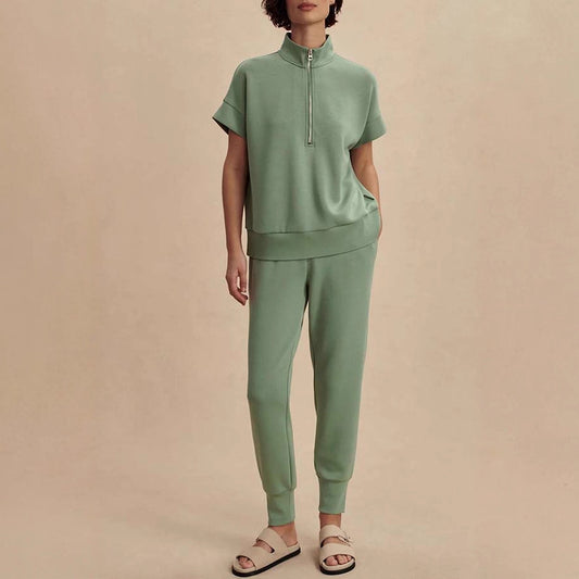 Autumn and Winter New Short Sleeve Zipper Collar Suit INS Loose Casual Long Pants Two-Piece Set for Women
