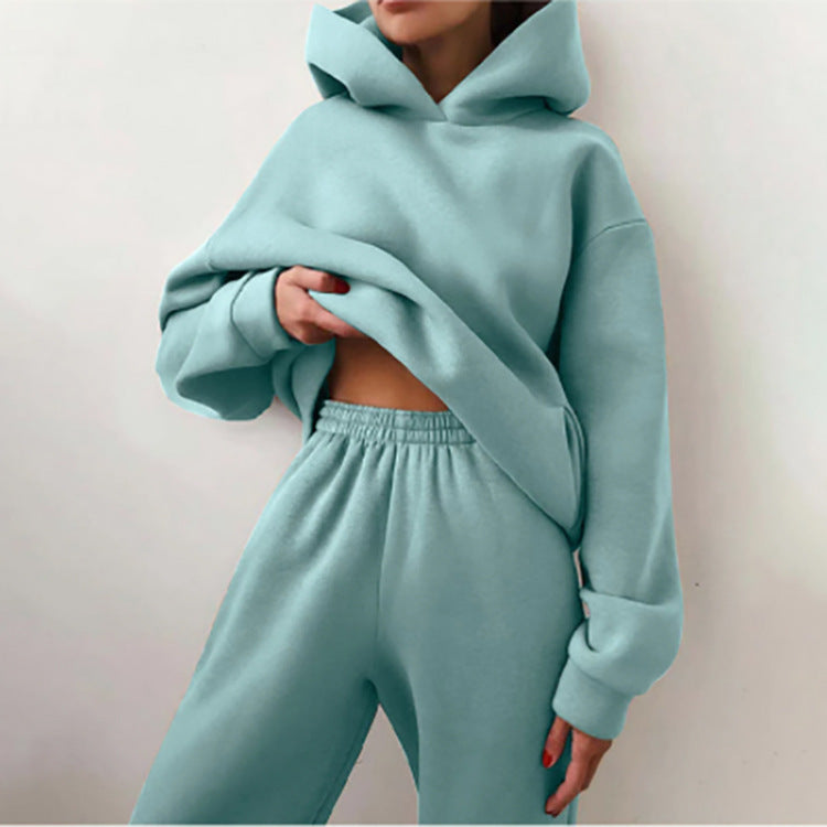 Women's Spring Hooded Set Solid Color Casual  Sports Sweatshirt Set