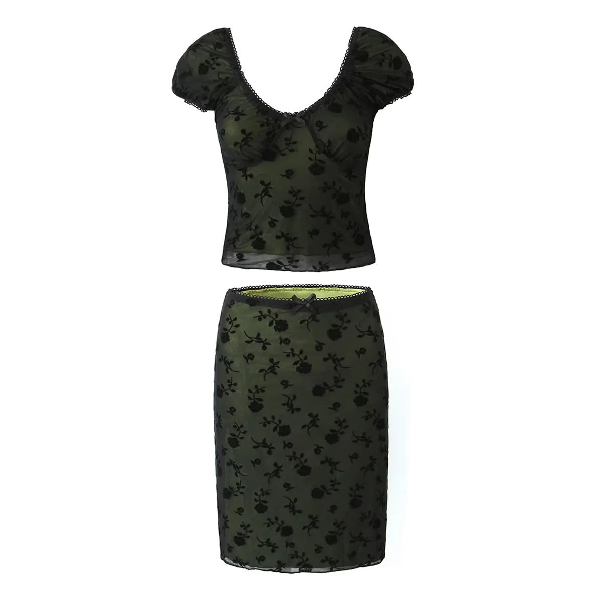 Rose mesh slim fit short sleeved T-shirt women's high waisted skirt two-piece set