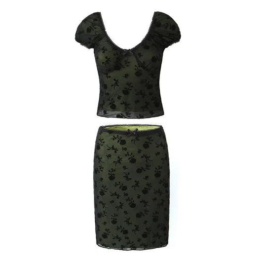 Rose mesh slim fit short sleeved T-shirt women's high waisted skirt two-piece set