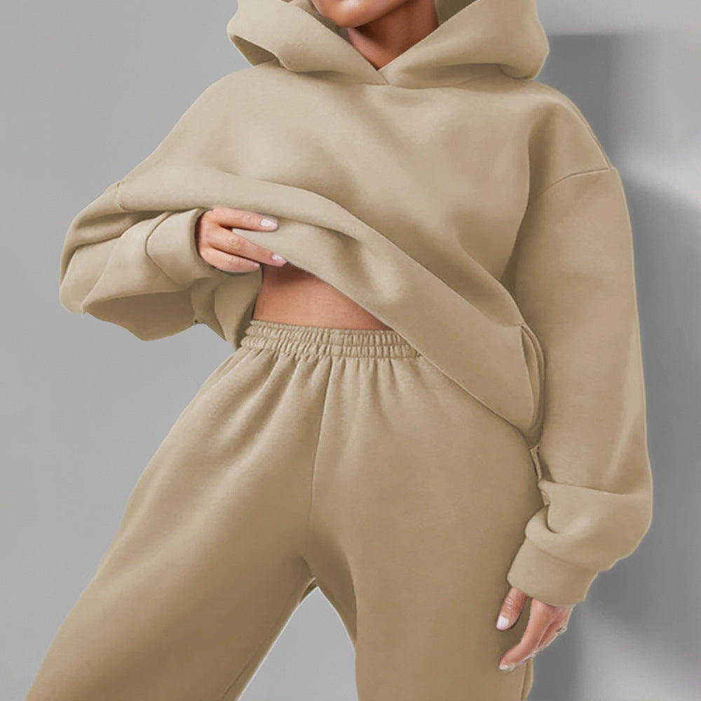 Women's Spring Hooded Set Solid Color Casual  Sports Sweatshirt Set