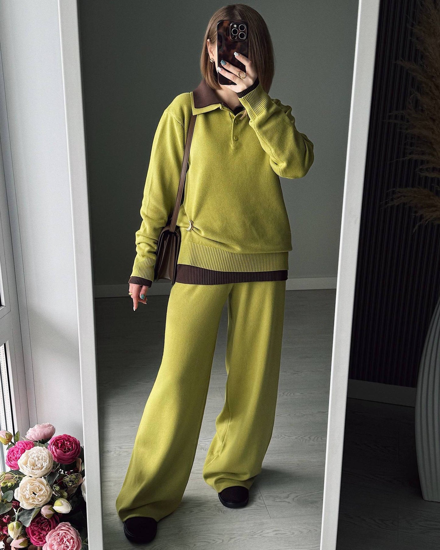 Solid Color Turn-down Collar Sweater Set Women's Loose Knit Polo Collar Sweater Wide-leg Pants Two-piece Set