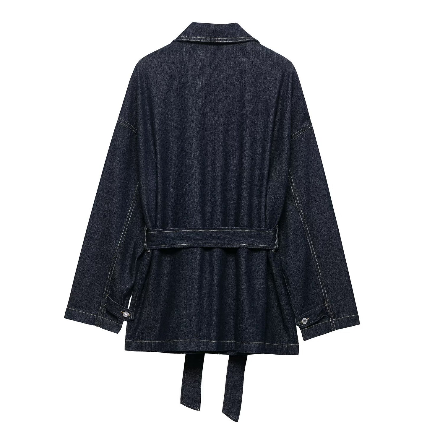 Women's Fashion Waist Belted Waistband Turn-down Collar Denim Jacket