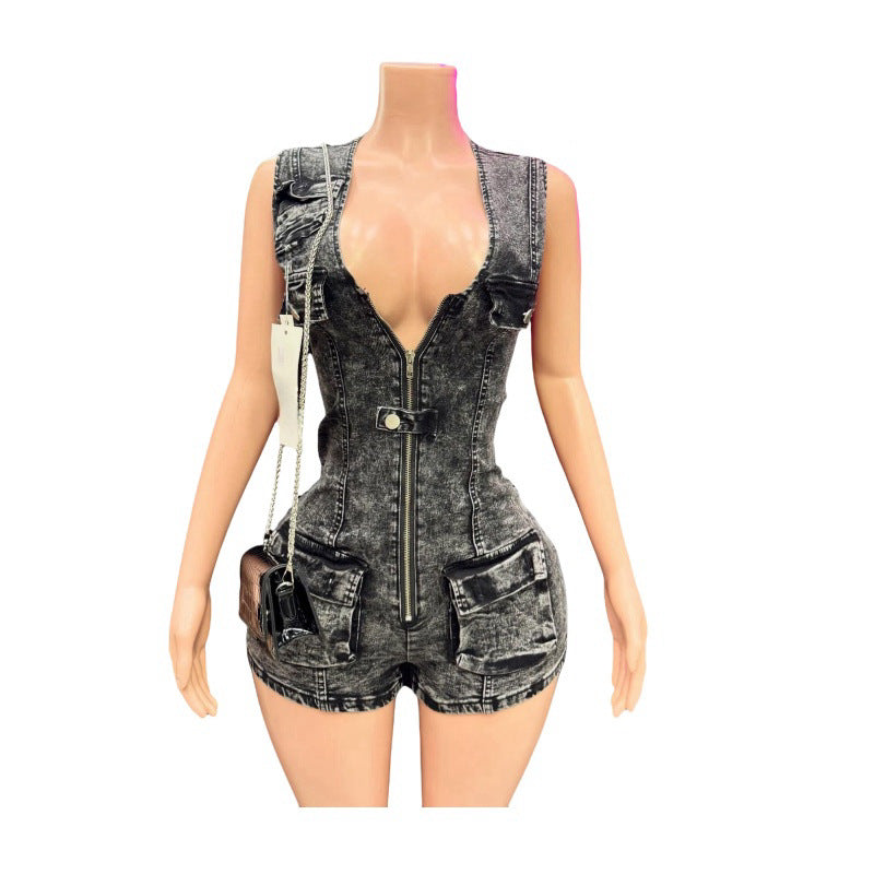 Backless Denim Shorts - Slim Fit Elastic Waist Short Jumpsuit