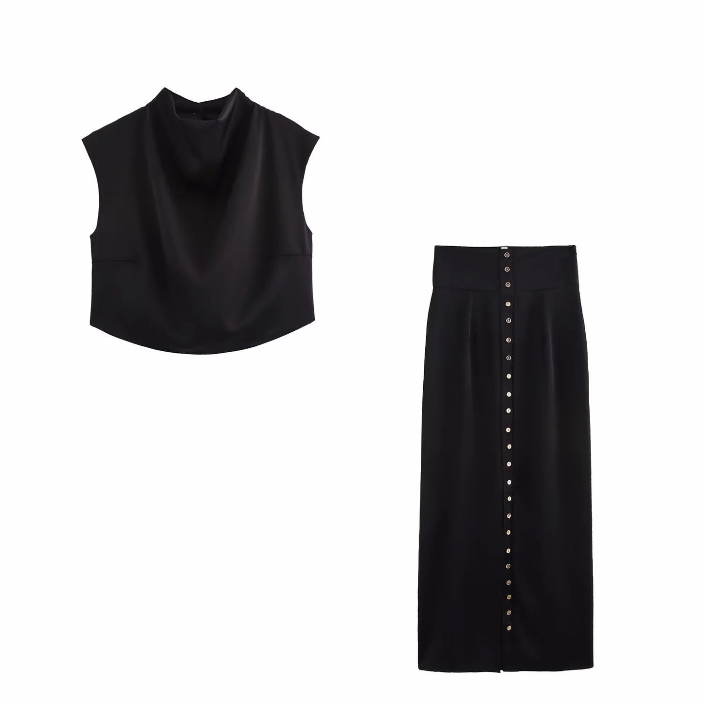 Women's Clothing Set - Off-the-Shoulder Sleeveless Top + Buttoned Skirt