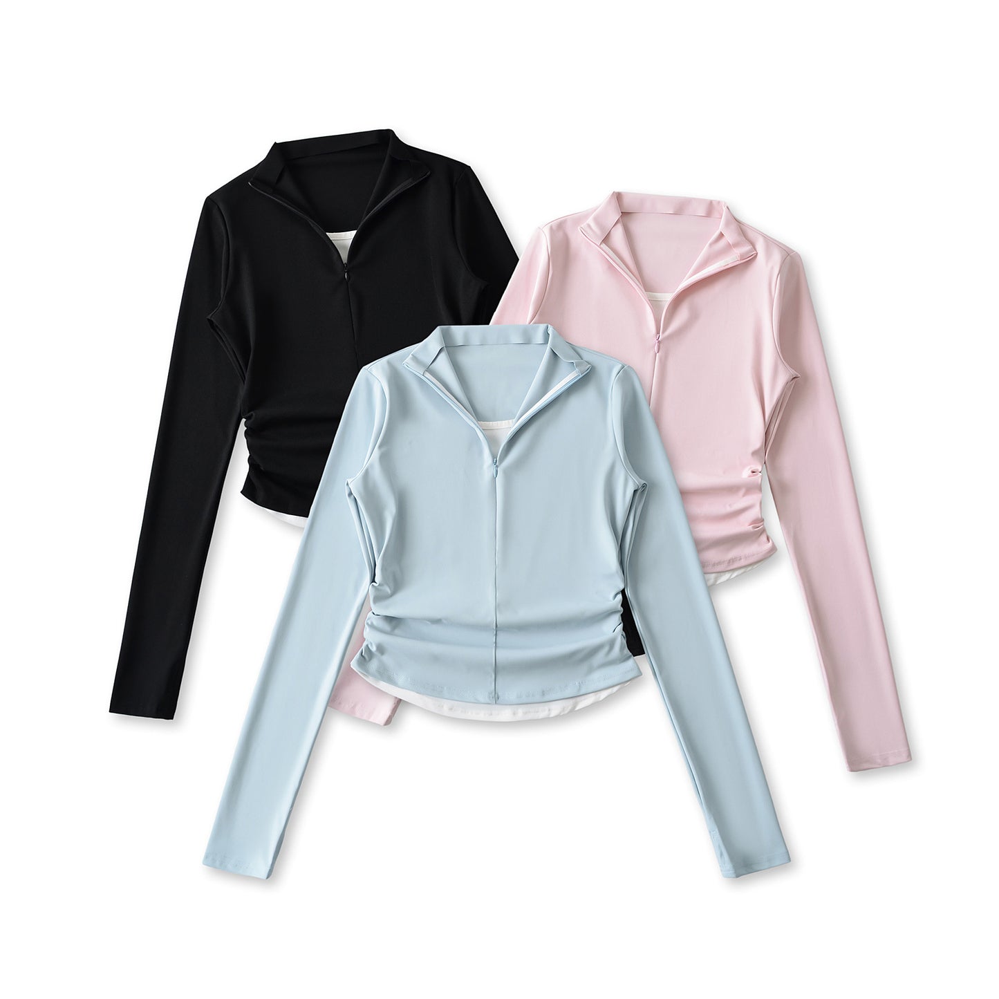 Fake two and a half zipper pleated tops+low waisted horseshoe micro flared pants