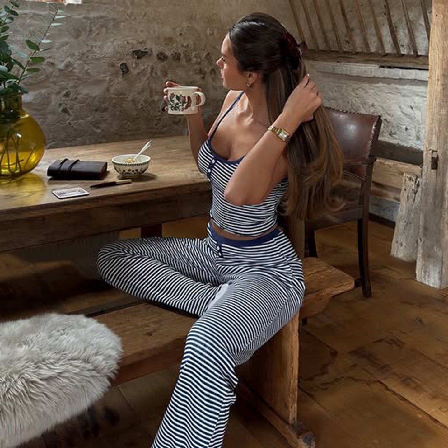 Home Stripe Casual Suit Button Short Crop Top Low Waist Navel-Exposed Slightly Spicy Long Pants