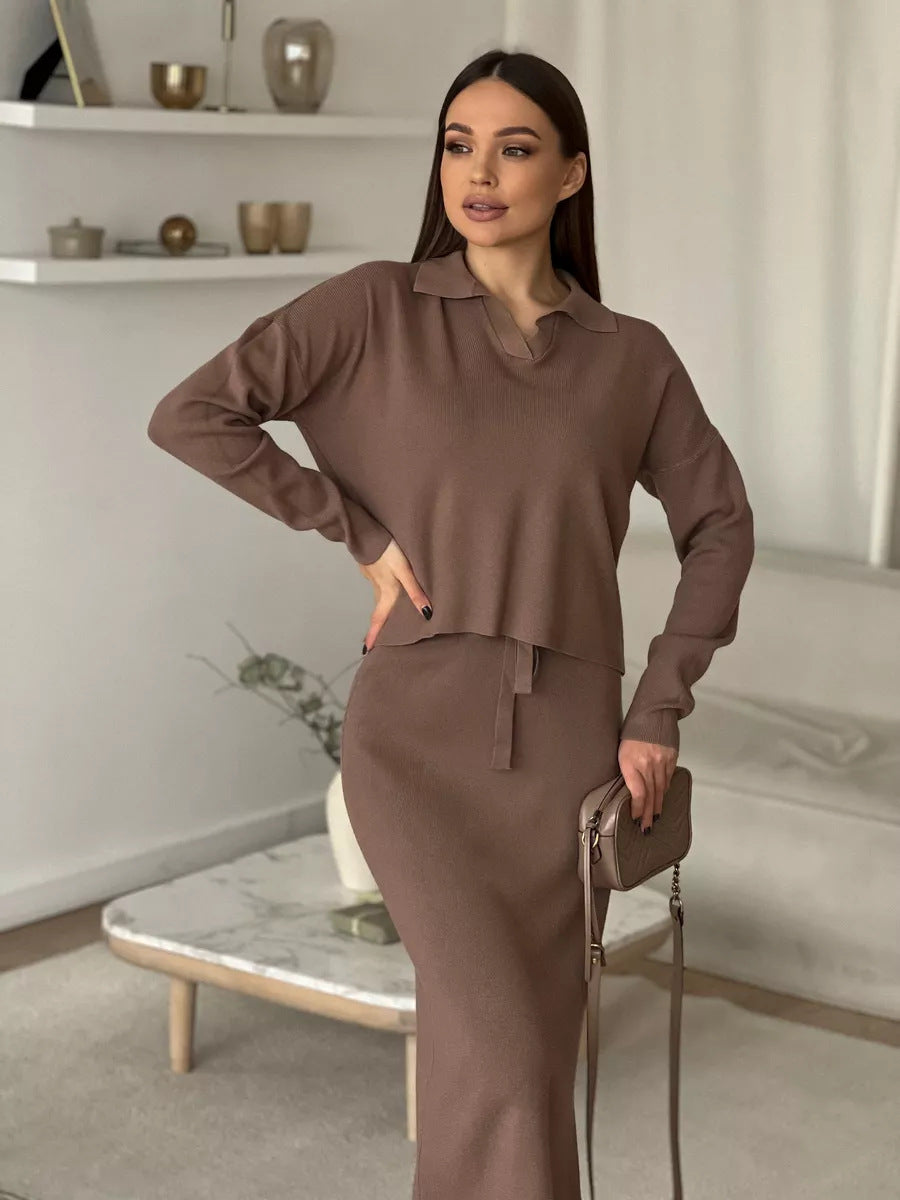 Style Knitted Suit Women's Core Spun Yarn Soft Slit Sweater with Belted Skirt