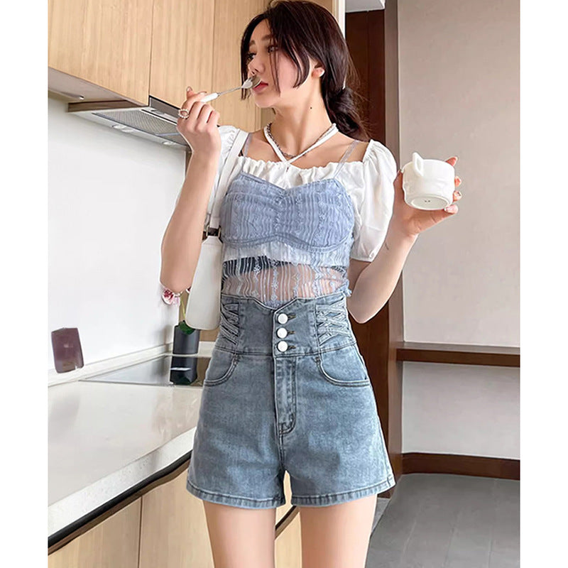 Casual Buttoned Denim A-Line Shorts for Women High-Waisted Slimming Straight-Leg Jeans