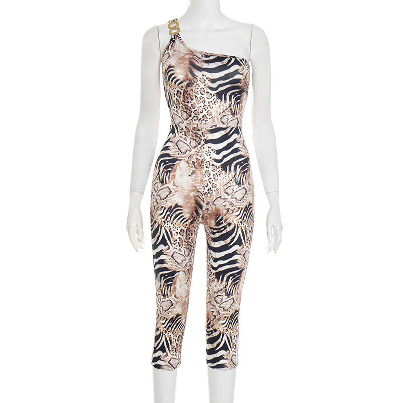 Animal print single shoulder sleeveless tight fitting seven part pants jumpsuit for women