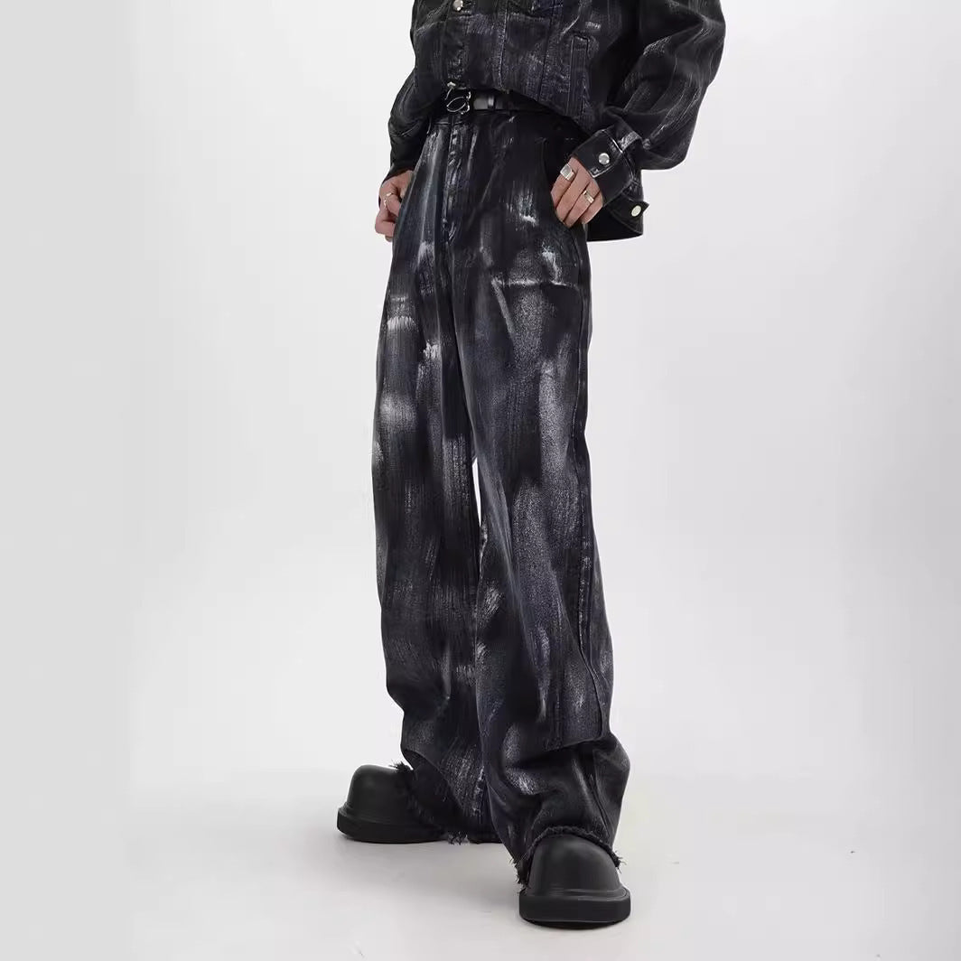 Unique Washed Vintage Denim Splatter Ink Suit Design Loose Jacket Top for Men and Women