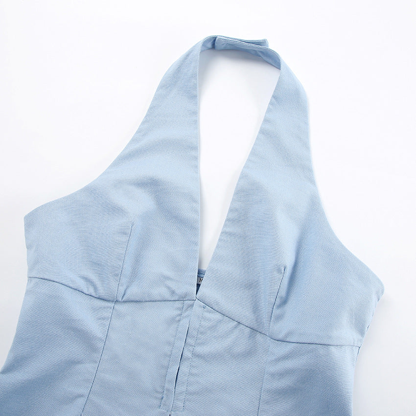 Commuter Off-the-Shoulder V-Neck Vest and Long Pants Two-Piece Set Design Cotton Linen Sleeveless Tank Top Suit