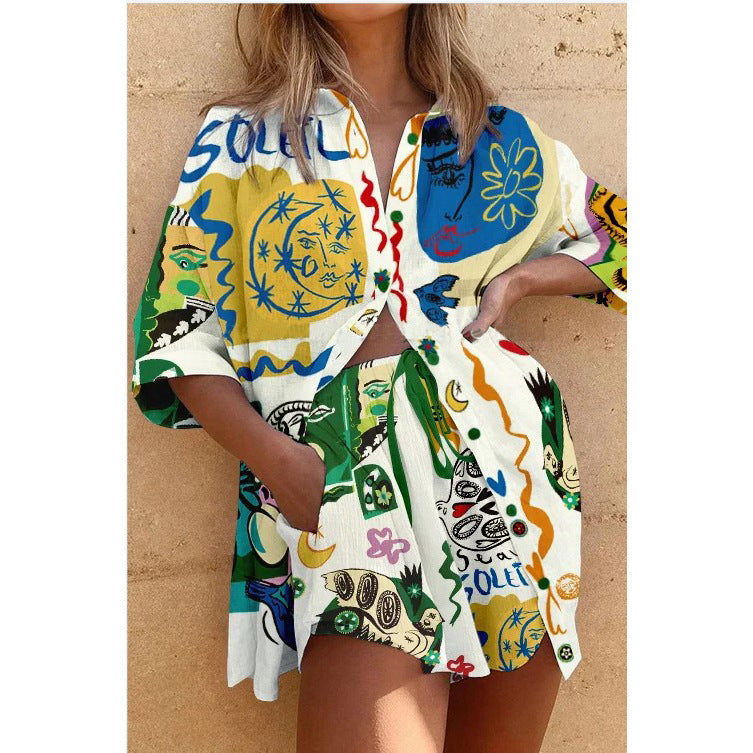 Summer Short Sleeve Shirt Loose Vacation Pocket Two-Piece Set for Women