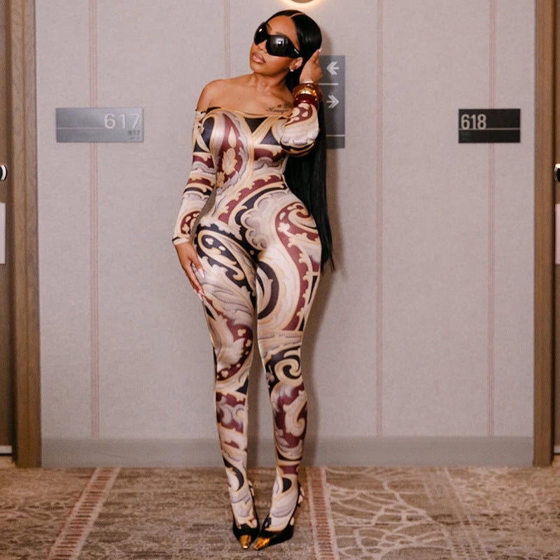 Printed one shoulder strapless long sleeved slim fit pants jumpsuit