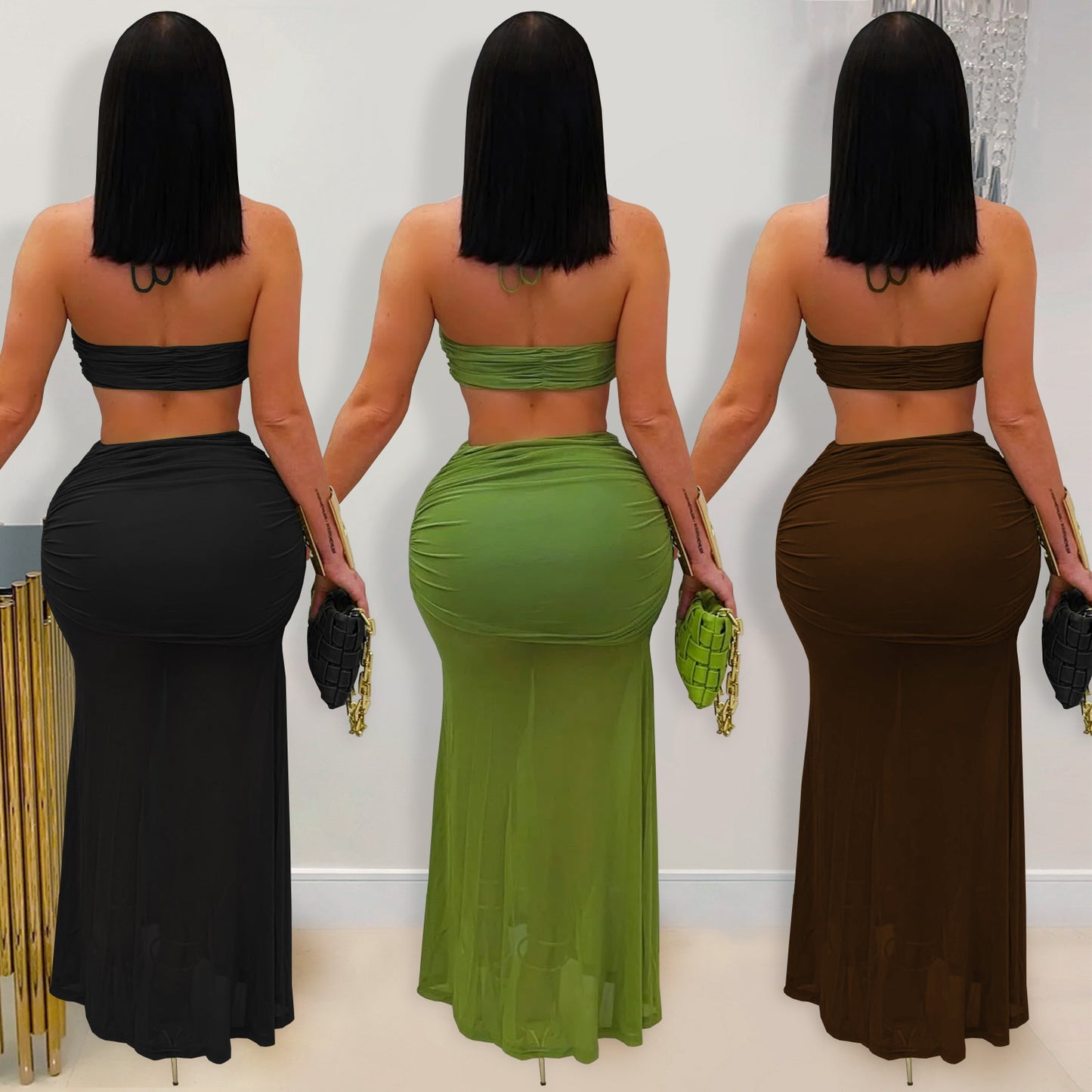 Style Women's Sexy Strapless Pleated Mesh Long Skirt