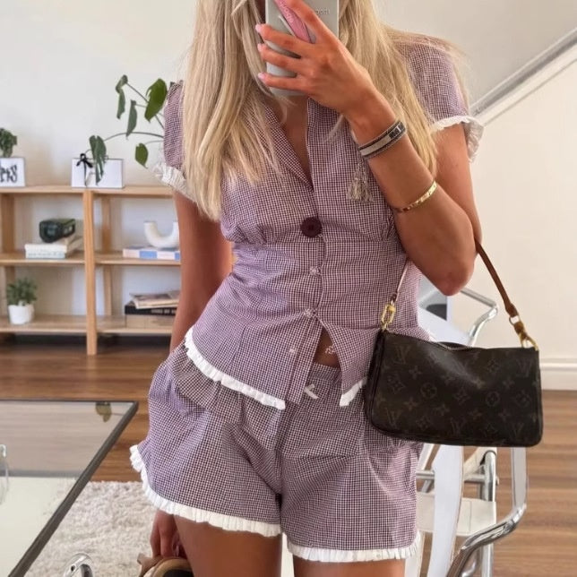 Vintage Plaid Shirt with White Lace Trim and Short Sleeve Shorts Set