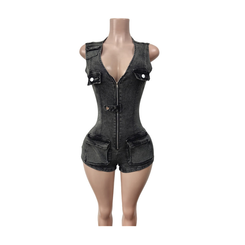 Backless Denim Shorts - Slim Fit Elastic Waist Short Jumpsuit