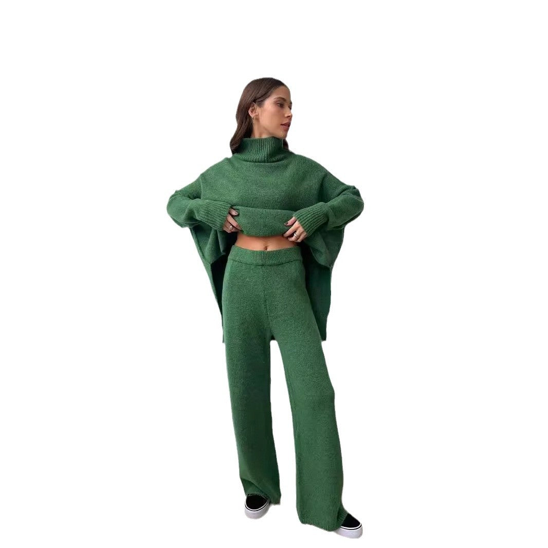 High Neck Slit Wool Sweater Set Women's Loose Casual Lazy Knitted Long Pants Two-Piece Set