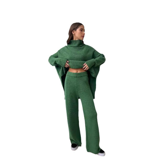 High Neck Slit Wool Sweater Set Women's Loose Casual Lazy Knitted Long Pants Two-Piece Set
