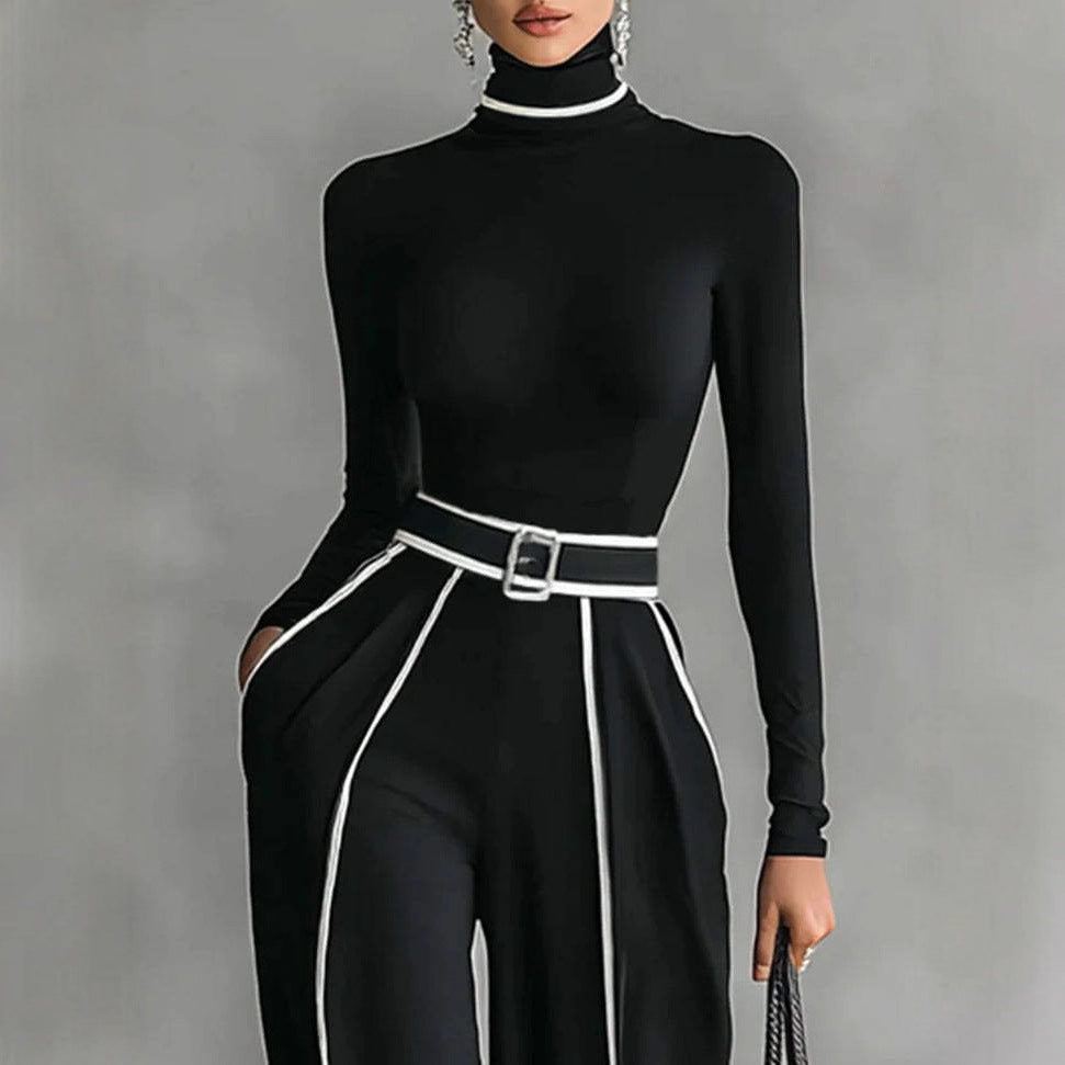 Autumn and Winter New Korean Version Elegant Stand Collar Color Block Binding Waist Slimming Long Sleeve Knitted Dress
