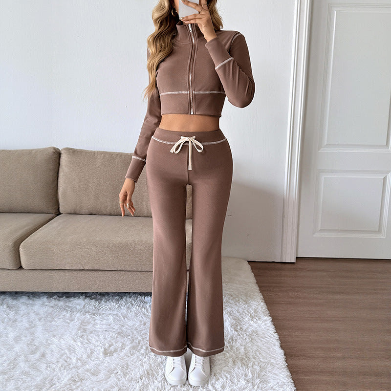 Short Casual Set Women's  Sports Long Sleeve Jacket and Casual Pants Two-piece Set