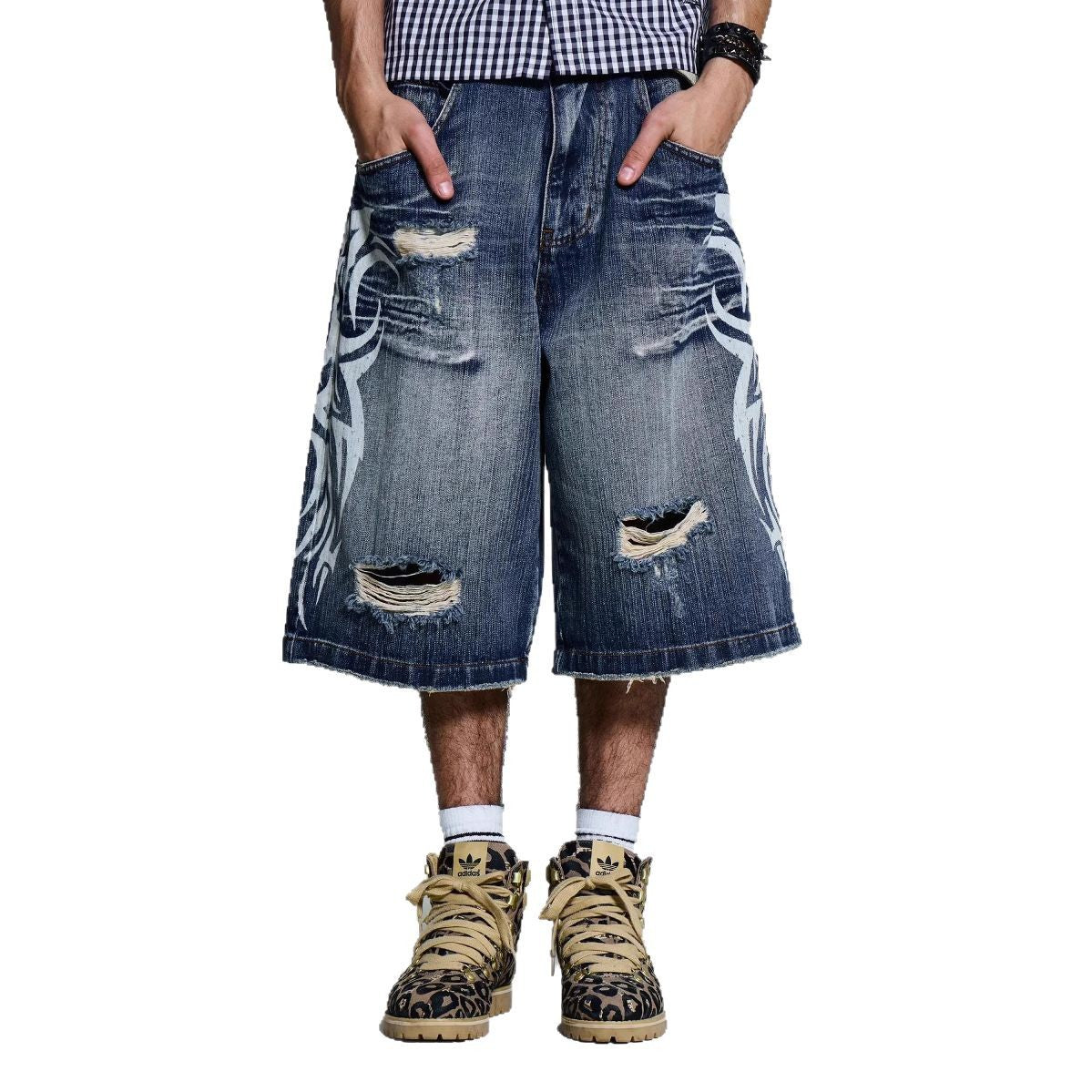 High Street Denim Shorts Jaded Same Style Totem Print Ripped Wide Leg Pants Loose Three-Quarter Pants Trendy