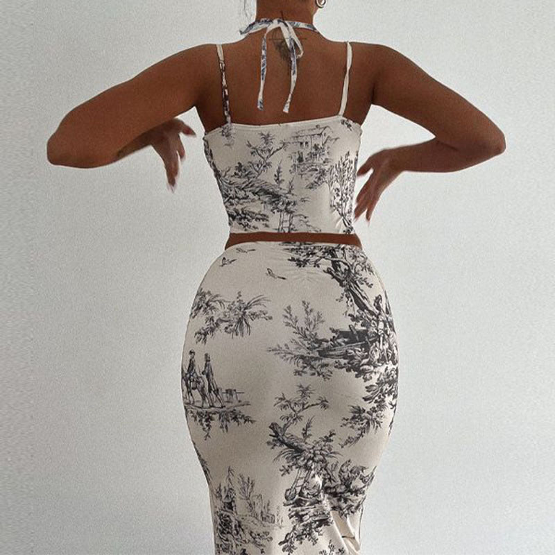 Printed half skirt two-piece casual set for women