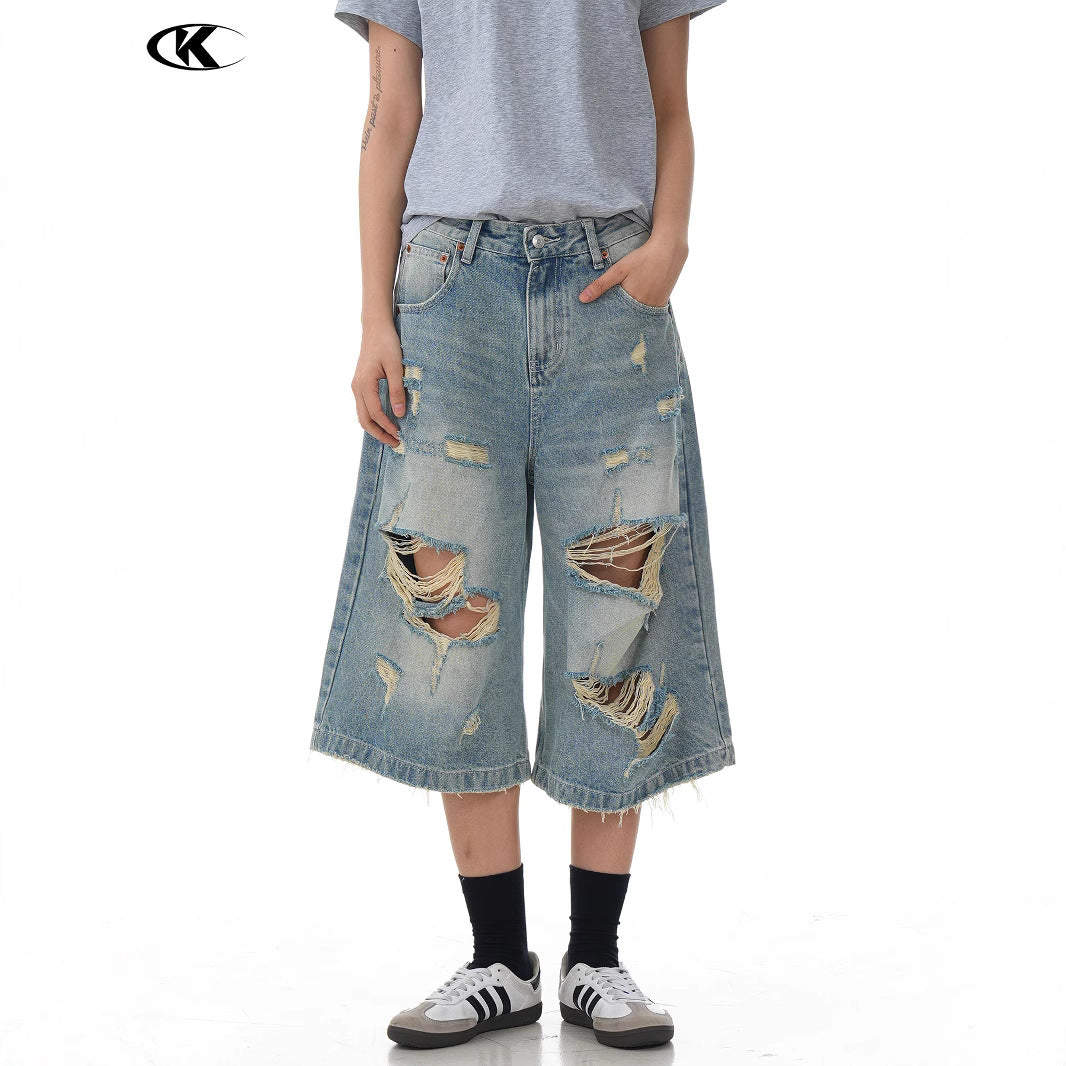 Design Seven-Quarter Denim Pants Washed Loose Straight Trendy Shorts