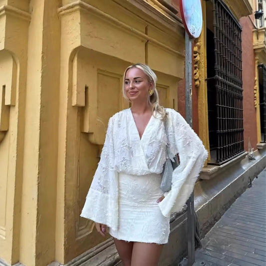Women's Clothing INS Embossed Long Sleeve V-neck Bodycon Mini Skirt Loose Top Set