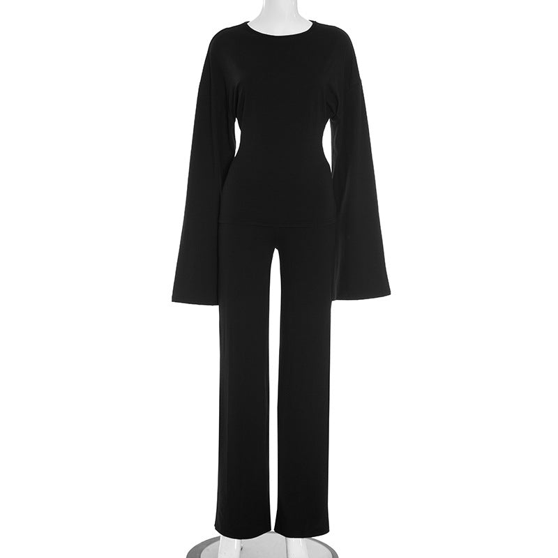 Style Round Neck Flared Long Sleeve Straight Leg Pants Set for Women