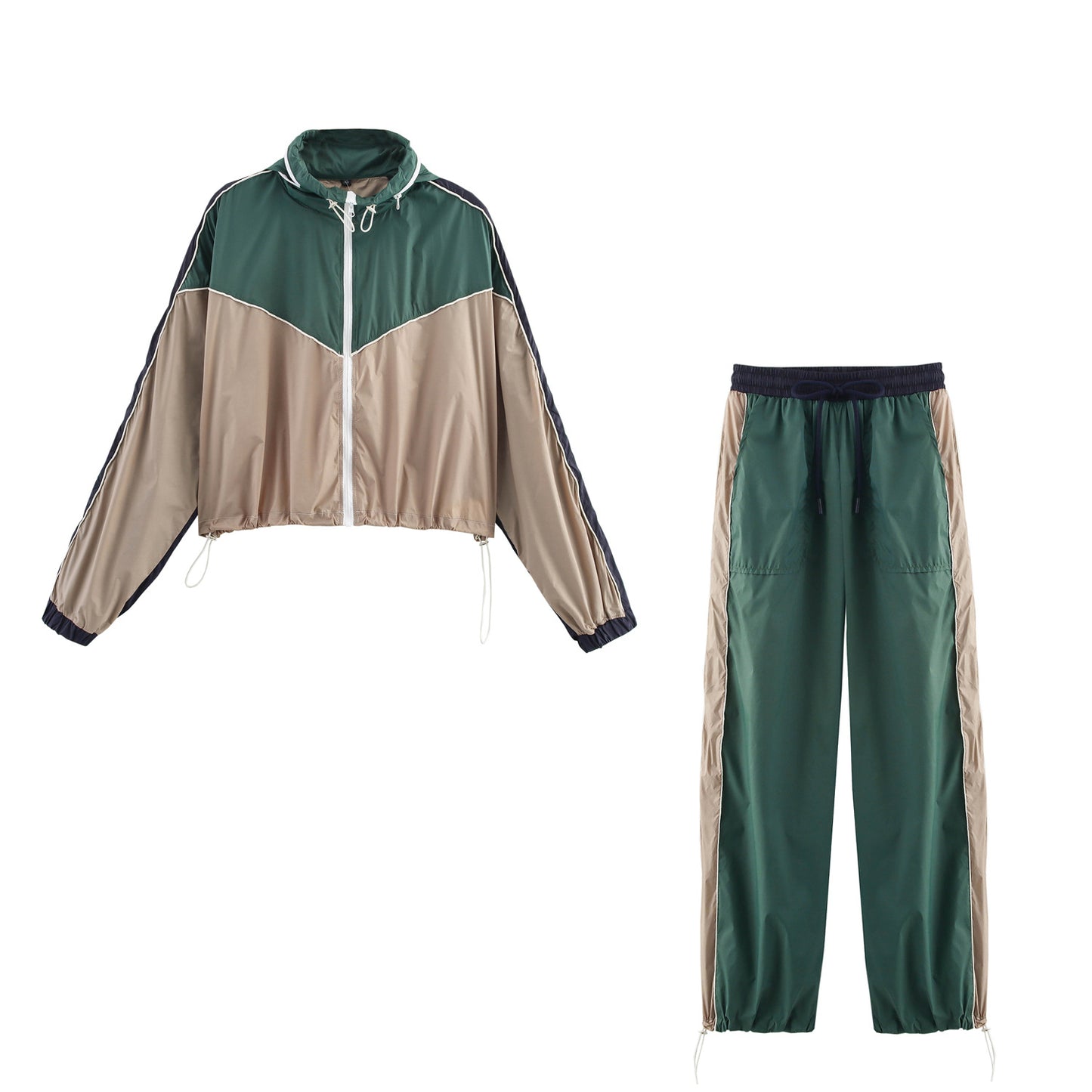 Women's Clothing INS Color Block Trimmed Jacket + Long Pants Set