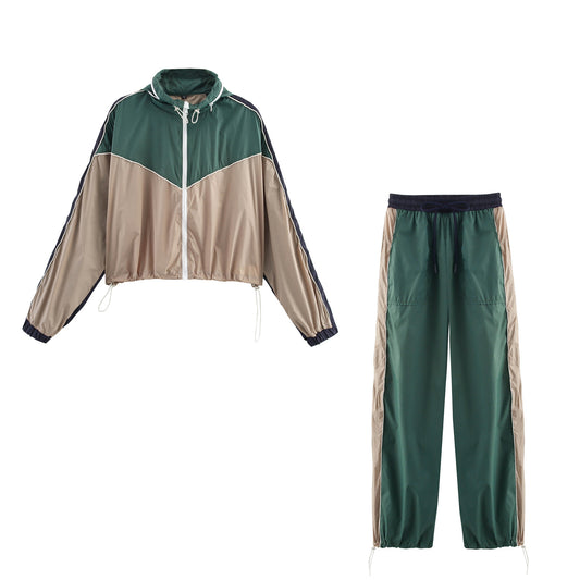 Women's Clothing INS Color Block Trimmed Jacket + Long Pants Set