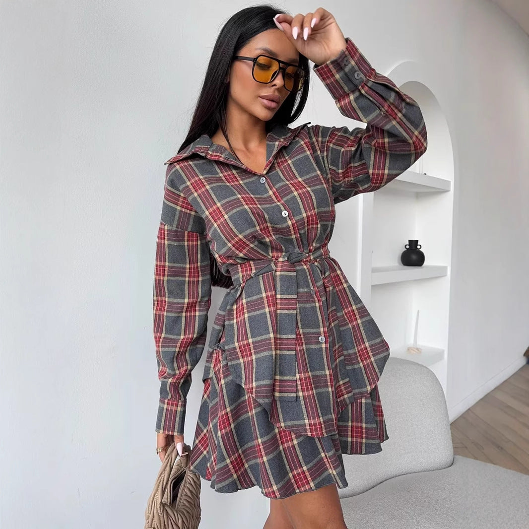 Casual Plaid Dress Set for Women - Notched Collar Loose Blouse with Belted Waist Skirt Two-Piece Set