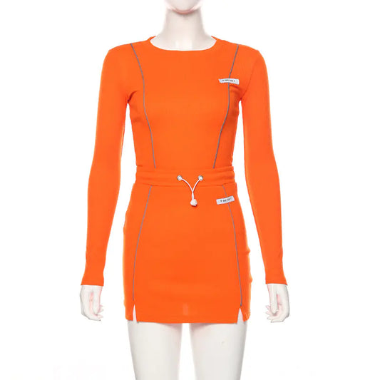 Reflective Trim Long Sleeve Two-Piece Dress Set