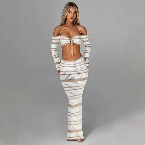 Women's Suit Summer Striped Long Sleeve Halter Top and Skirt Two-Piece Set