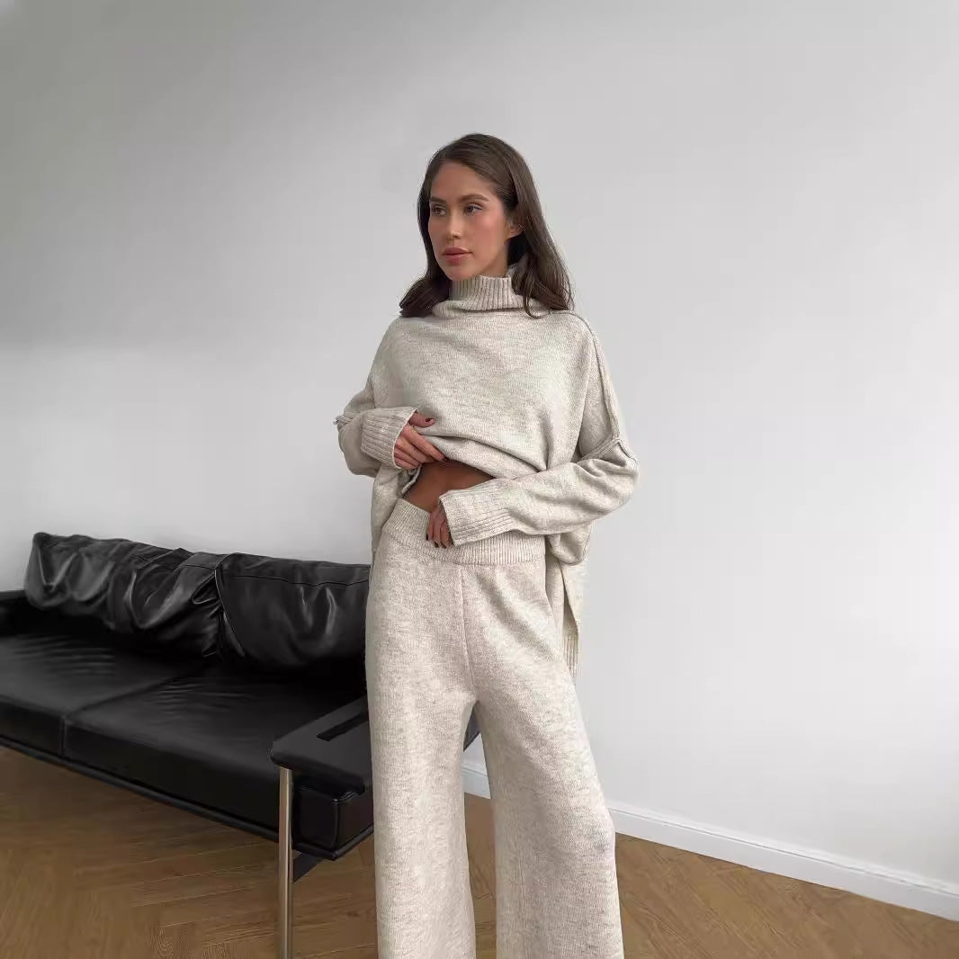High Neck Slit Wool Sweater Set Women's Loose Casual Lazy Knitted Long Pants Two-Piece Set