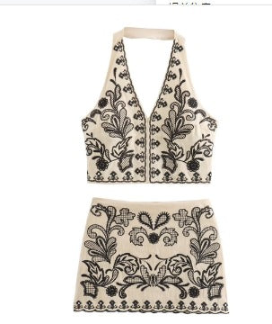Women's Embroidered Halter Neck Short Top and Mini Skirt Set