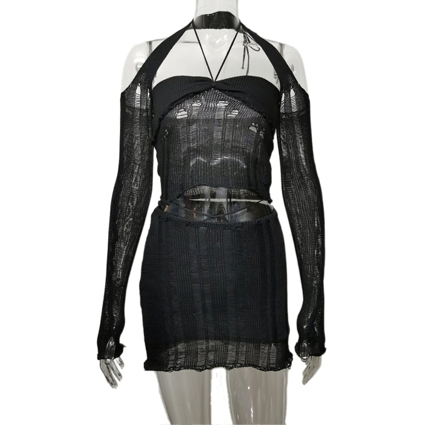 Knitted Hollow-out Belted Sleevelessand High-waisted Short Skirt Knitted Set for Women