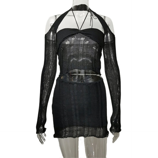 Knitted Hollow-out Belted Sleevelessand High-waisted Short Skirt Knitted Set for Women