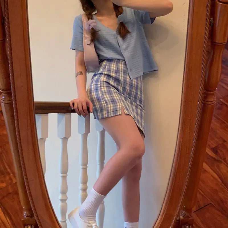 High Waist Casual Slim Plaid Skirt for Women