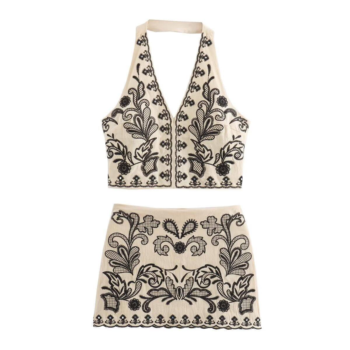 Women's Embroidered Halter Neck Short Top and Mini Skirt Set
