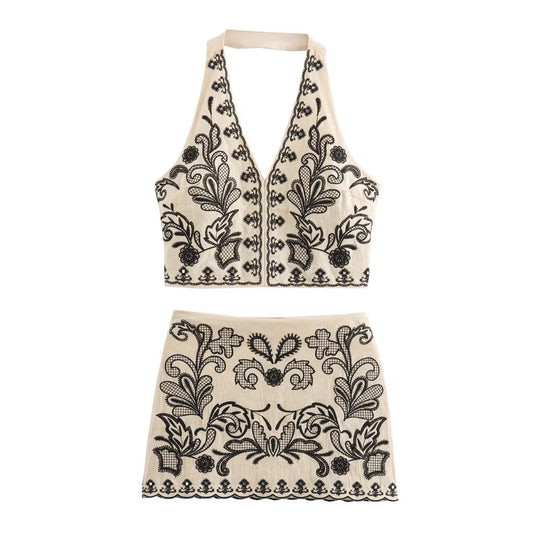 Women's Embroidered Halter Neck Short Top and Mini Skirt Set