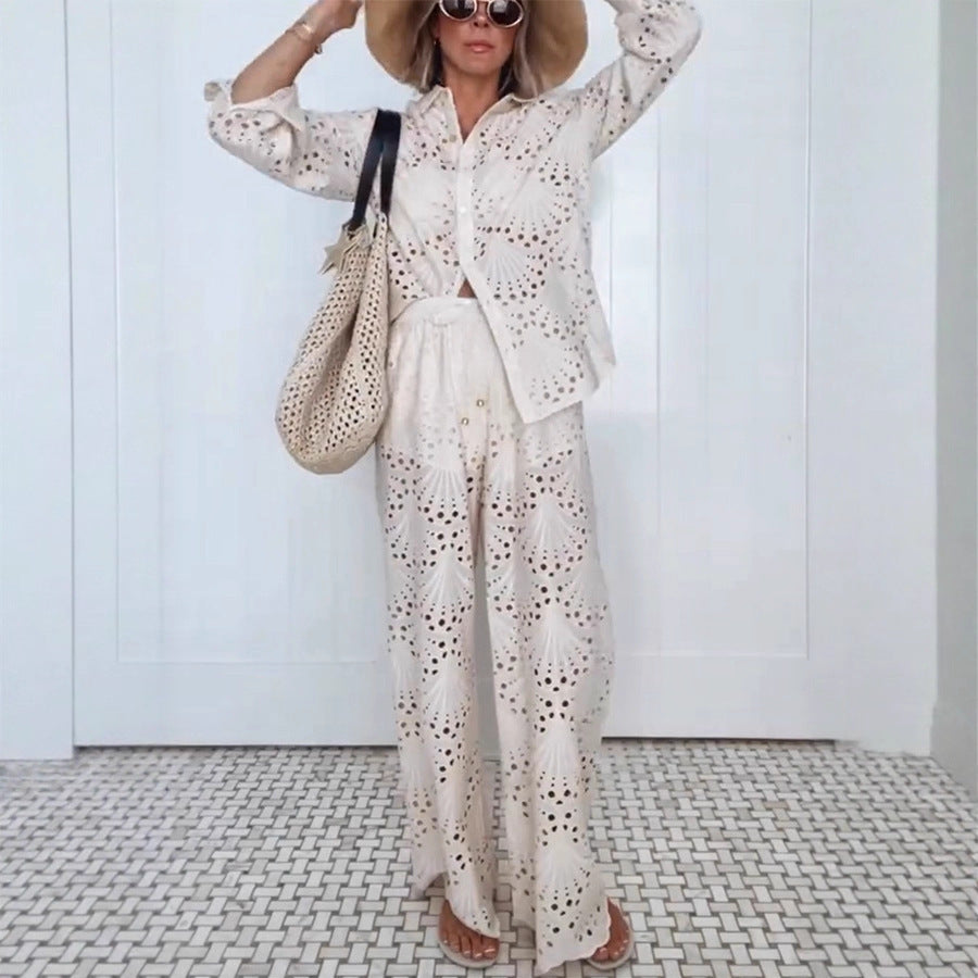 Autumn and Winter New Long Sleeve Single Breasted Shirt Set INS Loose Holiday Trousers Two-piece Set