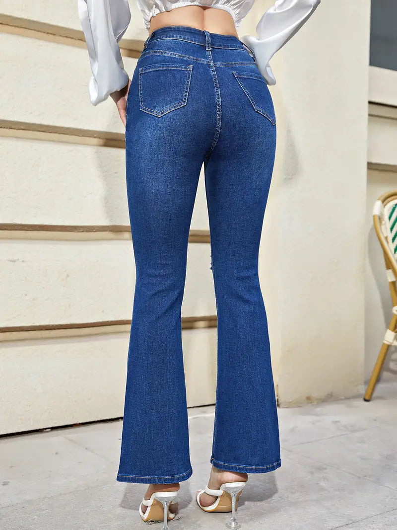 Women's Blue Ripped Flared High Waist Denim Jeans