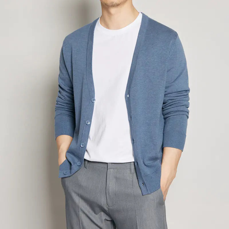 Men's V-Neck Knitted Cardigan in Solid Color